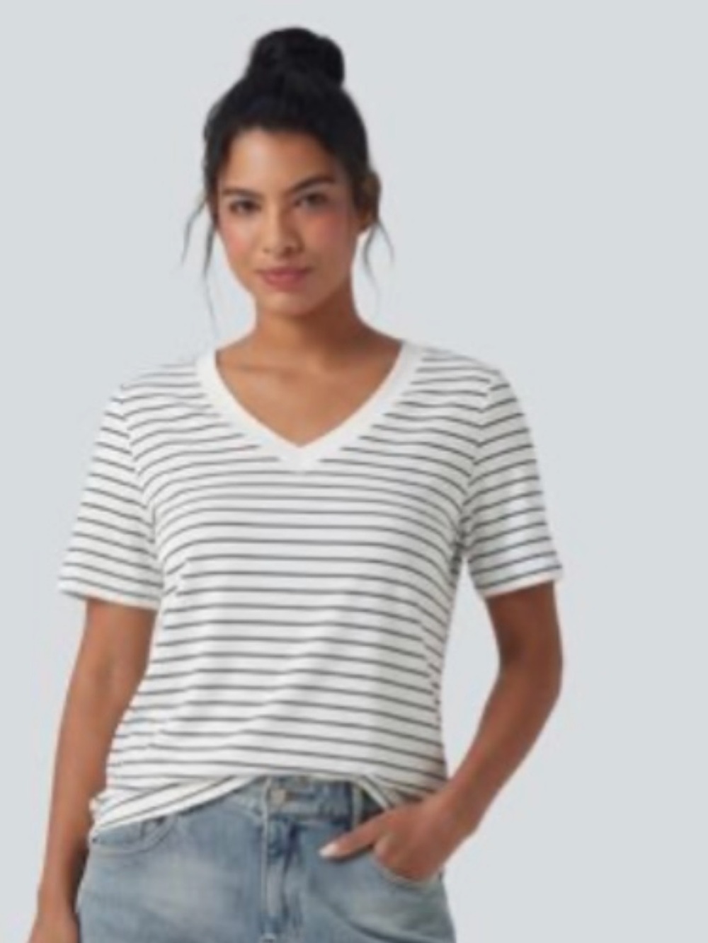 Halara Striped V-Neck Short Sleeve Top - White/Black